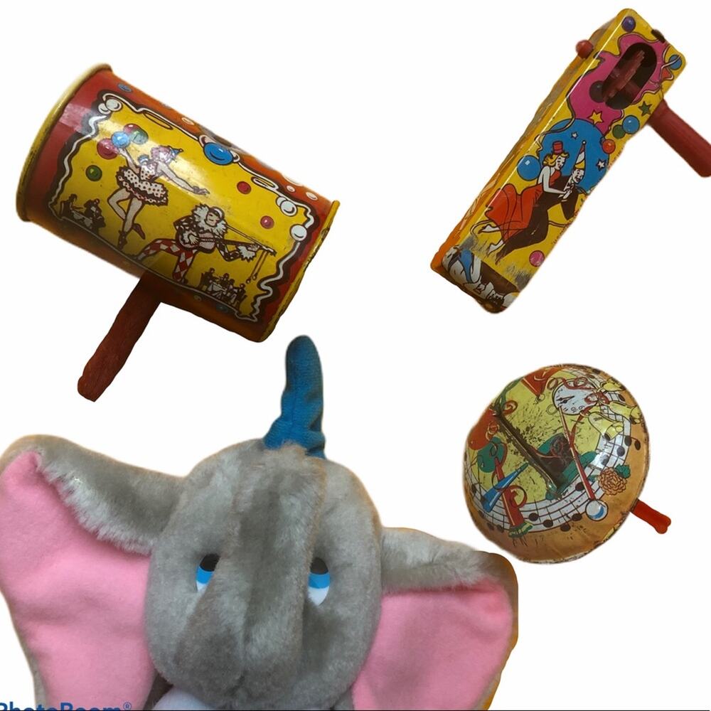 Disney Dumbo Plush and Vintage Circus Toy Noisemaker Metal Bundle - Picture 1 of 8